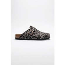 Sivarro Unisex Boston Leopar Gri Kapalı Burun Terlik Rahat Taban Günlük Ev & Dış Mekan Konforlu Şehir Terliği
