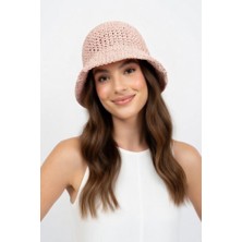 Mollycrush Kadın Pembe Hasır Örgü Bucket | Bohem Stil Plaj ve Güneş Şapkası
