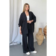 Giysa Kadın Beli Lastikli Kimonolu Tensel Kumaş Ikili Takım Siyah - MS0001660