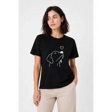 Sun & North Sun&north Köpek Figürlü Minimal Baskılı Tişört Kısa Kol Yazlık T-Shirt - Siyah