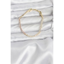 Uravas Store Pembe ve Beyaz Zirkon Taşlı Gold Renk Su Yolu Kadın Bileklik