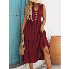 Gökyüzü Moda Kadın Askılı V Yakalı Önden Düğmeli Midi Bürümcük Elbise