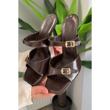 M&B COLLECT Kadın Meli Kahverengi Iki Tokalı 9 cm Topuklu Terlik