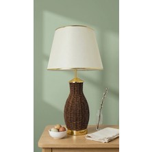 Decodelight Kahverengi Örme Hasır ve Gold Detay Ayak Açık Krem Gold Şeritli Kumaş Şapka Modern Abajur Modelleri