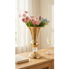 Decodelight Gold Dekoratif Desenli Metal Ayak Kristal Taş 20 cm Çapında Salon Düğün Nişan Vazo Masa Dekor