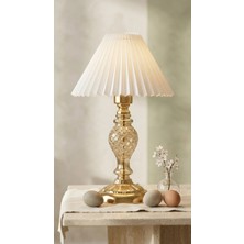 Decodelight Gold Desenli Ayaklı Dekoratif Gold Cam Gövdeli Beyaz Pileli 22CM Çap Kumaş Şapkalı Abajur Masa Lambası