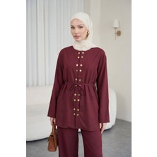 Moda Morfo Çift Çıtçıt Detaylı Yuvarlak Yaka Bol Paça Pantolonlu Modal Takım -Bordo