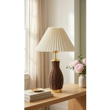 Decodelight Kahverengi Örme Hasır ve Gold Detay Ayak Açık Krem Pileli Kumaş Şapka Modern Abajur Modelleri