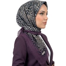 Hadiora Kadın Mor Ekru Leopar Desenli Flamlı Eşarp
