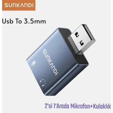 SUNKANDI Usb To 3.5mm Ses Kartı Adaptör Kulaklık ve Mikrofon Destekli 2'si 1'arada Çevirici Dönüştürücü Adaptör Ce Lisanslı Sertifikalı Metal Sağlam orijinal
