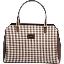 Silver & Polo Silver Polo Kahve Sarı - Kahve Ekose Line Kare Kadın El Çantası SP9721