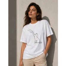 Artsviva Minimal Kedi Çizim Baskılı Tişört Kısa Kol Yazlık T-Shirt - Beyaz