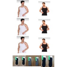 Berrak Erkek Beyaz-Siyah 6"lı Ince Askılı Fitilli Kaşkorse Atlet 6 Adet Bambu Snekaer Çorap Hediyeli