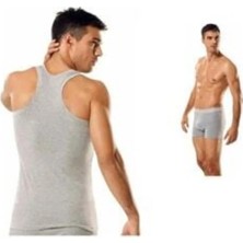 Seher Erkek Gri 6'li Paket Pamuklu Ribana Sporcu Atleti & Erkek Gri Elastan Likralı Boxer 6'li Paket