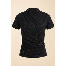 AKD Atelier Kadın T-Shirt Kısa Kollu Taşlı Drapeli Sandy Kumaş Kısa Şık Bluz