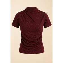 AKD Atelier Kadın T-Shirt Kısa Kollu Taşlı Drapeli Sandy Kumaş Kısa Şık Bluz