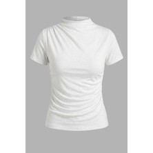 AKD Atelier Kadın T-Shirt Kısa Kollu Taşlı Drapeli Sandy Kumaş Kısa Şık Bluz