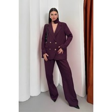 AKD Atelier Kadın Ikili Blazer Ceket Pantolon Takım Aksesuar ve Düğme Detaylı Bol Paça