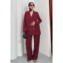 AKD Atelier Kadın Ikili Blazer Ceket Pantolon Takım Aksesuar ve Düğme Detaylı Bol Paça