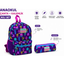 Coral High Kaktüs Baskılı Anaokulu Çantası 23337+ Üç Bölmeli Kalemlik 22313