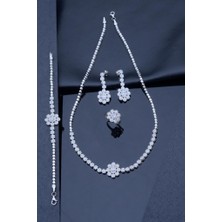 Innuendo Jewelry 925 Ayar Gümüş Kadın Zirkon Taşlı Çiçek Motifli Takı Seti