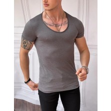 Modefendicom Slim Fit Derin Açık Yaka Pamuklu Tshırt