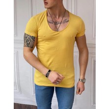 Modefendicom Slim Fit Derin Açık Yaka Pamuklu Tshırt