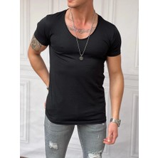 Modefendicom Slim Fit Derin Açık Yaka Pamuklu Tshırt