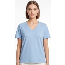 goffra Kadın Vision V Yaka Premium Kalite Yoğun Dokulu Pamuklu T-Shirt Açık Mavi W102-R0220-04