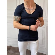 Modefendicom Slim Fit Derin Açık Yaka Pamuklu Tshırt