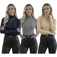 Hashtag Kadın Balıkçı Yaka Parmak Detaylı Body 3'lü Set Biskon Kumaş