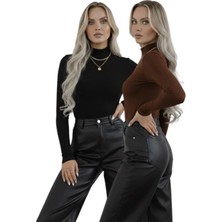 Hashtag Kadın Balıkçı Yaka Uzun Kollu Body – Basic Düz Model 2'li Paket