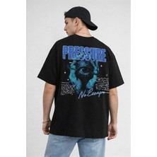 Unisex Oversize Siyah Tişört – “pressure / No Escape” Baskılı, 250 Gsm %100 Pamuk, Arka Baskı