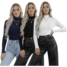 Hashtag Kadın Balıkçı Yaka Uzun Kollu Body 3'lü Set Viskon Kumaş