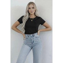 Hashtag Kadın Bisiklet Yaka Kısa Kollu Body Basic Tişört Viskon Kumaş