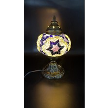 Parti Zamanı Otantik El Yapımı Mozaik Masa Lambası - Mor & Altın Yıldız Desenli Dekoratif Gece Lambası - Orta Boy