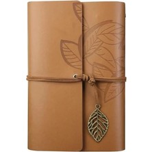 Die Grup Retro Tasarımlı Yaprak Baskılı Deri Kapaklı Günlük Defter, Açık Kahverengi
