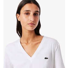 Velmora Lacoste Kadın Relaxed Fit V Yaka Beyaz T-Shirt