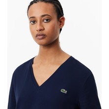 Velmora Lacoste Kadın Relaxed Fit V Yaka Lacivert T-Shirt