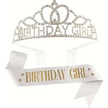 Didosh Party House Birthday Girl Taç ve Kuşak Seti – Gümüş Parıltılı Doğum Günü Aksesuarı
