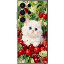 Le Balvo Samsung Galaxy S24 Ultra Uyumlu Kirazlı Kedi Baskılı Silikon Kılıf