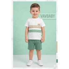 Vavbaby Erkek Çocuk Ayıcık Baskılı Çizgili Kısa Kollu Tişört ve Şort Takım - Yeşil
