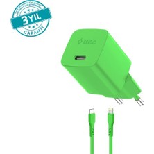 Ttec Smartcharger Gan 20W Pd Seyahat Hızlı Şarj Aleti + Usb-C - Lightning 120CM Kablo Neon Yeşil