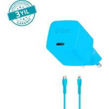 Ttec Smartcharger Gan 20W Pd Seyahat Hızlı Şarj Aleti + Usb-C - Lightning 120CM Kablo Neon Mavi