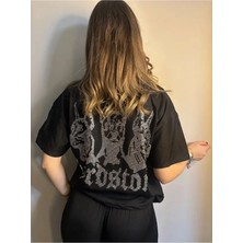 Violon Taş Işlemeli Hardstone Desenli Siyah Oversize Kadın T-Shirt Kısa Kol Pamuk-Polyester