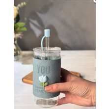 Leylart  Minnoş 350ML Cam Pipetli Bardak | Kapaklı | Süet Kılıflı Soğuk Kahve Smoothie Sunum Bardağı (D)