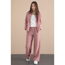 Cansın Mini Pembe Geniş Paça Pantolonlu Gömlekli Kız Çocuk Croplu 3lü Alt Üst Takım 24065