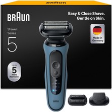 Braun Series 5 Erkekler Için Elektrikli Tıraş Makinesi, 50 Dk. Pil Ömrü, +2 Aparat, Erkekler Için Kablosuz Islak ve Kuru Tıraş Makinesi, Almanya'da Üretilmiştir, Su Geçirmez, 52-A1820SI, Gök Mavisi
