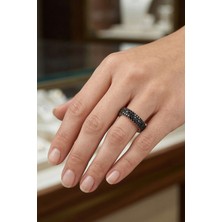 Söğütlü Silver 925 Ayar Gümüş Yüzük 3 Sıra Siyah Zirkon Taşlı Işıltılı Tamtur Yüzük - Rose Altın Kaplama Lüks Alyans