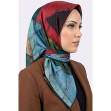 Hadiora Kadın Mavi Kırmızı Geometrik Desenli Organik Pamuk Soft Eşarp
